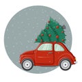 Little red bug car illustration with decorated Christmas pine tree on top Royalty Free Stock Photo