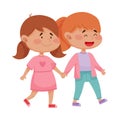 Little Red Cheeked Girls Holding Hands Vector Illustration