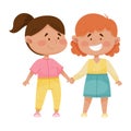 Little Red Cheeked Girls Holding Hands Vector Illustration