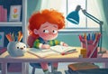 Little red-haired boy reading a book at the table in the room. Illustration for children\'s book. Generative AI