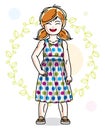 Little red-haired cute girl standing on spring eco background wi