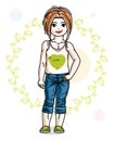 Little red-haired cute girl toddler in casual clothes standing on green spring backdrop. Vector illustration of pretty child