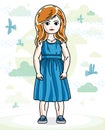 Little red-haired cute girl toddler in casual clothes standing on nature backdrop with birds and clouds. Vector illustration of Royalty Free Stock Photo