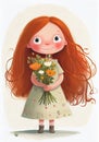 Little red-haired girl with a bouquet of wildflowers. Illustration for children\'s book. Generative AI