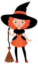 Little red haired girl with a broom in Halloween witch costume Royalty Free Stock Photo