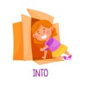 Little Red Haired Girl Creeping Into Carton Box as Preposition of Movement Vector Illustration