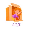 Little Red Haired Girl Creeping Out of Carton Box as Preposition of Movement Vector Illustration