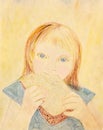 Little red-haired girl eats a piece of bread