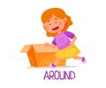 Little Red Haired Girl Running Around Carton Box as Preposition of Movement Vector Illustration