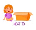 Little Red Haired Girl Sitting Next To Carton Box as Preposition of Place Vector Illustration