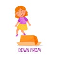 Little Red Haired Girl Stepping Down From Carton Box as Preposition of Movement Vector Illustration