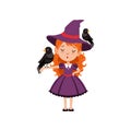 Little red-haired girl witch standing with one black bird on the hat and another on the hand. Kid character in purple