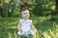 A little red-haired one-year-old girl in a white dress is sitting on the lawn in the park and looking up with interest. Royalty Free Stock Photo