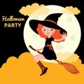 Little red haired witch flying on a broom
