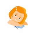 Little Red Head Girl In Red Dress Daydreaming Writing A Letter Flat Cartoon Character Portrait Emoji Vector Illustration