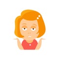 Little Red Head Girl In Red Dress Upset Flat Cartoon Character Portrait Emoji Vector Illustration