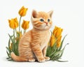 little red kitten with flowers on white background, illustration, watercolor drawing Royalty Free Stock Photo