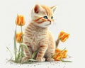 little red kitten with flowers on white background, illustration, watercolor drawing Royalty Free Stock Photo