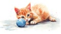 Little red kitten plays with a blue ball. Illustration aquarelle of a playful cat on white background. AI Generated Royalty Free Stock Photo