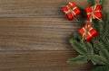 Little red presents on wood background christmas border