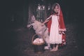 Girl in costume of little red riding hood in forest posing with wolf dog Royalty Free Stock Photo