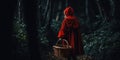 Little red riding hood in the dark woods at night. Generative AI Royalty Free Stock Photo