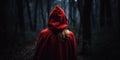 Little red riding hood in the dark woods at night. Generative AI Royalty Free Stock Photo