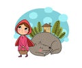 Little Red Riding Hood fairy tale. Little cute girl and wolf. Royalty Free Stock Photo