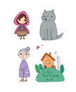 Little Red Riding Hood fairy tale. Little cute girl, wolf, grandmother and house. Royalty Free Stock Photo