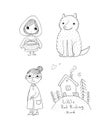 Little Red Riding Hood fairy tale. Little cute girl, wolf, grandmother and house.