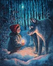 Little Red Riding Hood met a wolf in the winter forest. Original fantasy oil painting on canvas. Magical light from an Royalty Free Stock Photo