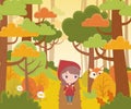 Little red riding hood walking in the forest and wolf watching fairy tale cartoon Royalty Free Stock Photo