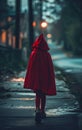 Little red riding hood walking on the road, seen to behind