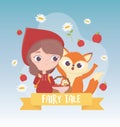 Little red riding hood wolf apples and flowers with basket fairy tale cartoon Royalty Free Stock Photo