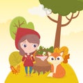Little red riding hood and wolf with basket food forest fairy tale cartoon Royalty Free Stock Photo