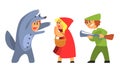 Little Red Riding Hood, Wolf and Hunhter, Funny Fairy Tale Characters, Actors in Costumes Performing on Stage Vector Royalty Free Stock Photo