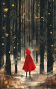 Little red riding hood among woody plants in forest Royalty Free Stock Photo