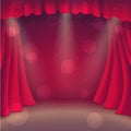 Little red theater. Theater curtain with spotlights. Open theater curtain. Red silk side scenes on stage Royalty Free Stock Photo