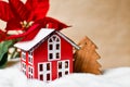 Little red toy house, wooden fir tree and poinsettia.