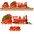 Little red train with wagons by rail carries boxes with Christmas gifts isolated on a white background. Vector cartoon Royalty Free Stock Photo