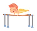 Little Redhead Boy Doing Gymnastics on Parallel Bars Vector Illustration