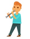 Little redhead boy plays flute isolated cartoon illustration