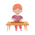 Little Redhead Boy in Protective Goggles at Table Woodworking Molding and Surfacing Timber Vector Illustration