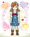 Little redhead cute child in wearing different casual clothes an