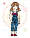 Little redhead cute child in wearing different casual clothes an