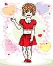 Little redhead cute child in wearing different casual clothes and standing on colorful backdrop with hearts. Vector illustration