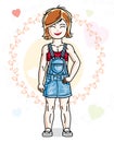 Little redhead cute child in wearing different casual clothes and standing on colorful backdrop with hearts. Vector illustration