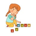 Little Redhead Girl in Kindergarden Sitting on the Floor Doing Sums with Cubes Vector Illustration