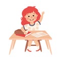 Little Redhead Girl Pupil Sitting at Table with Book and Raising Hand Engaged in Elementary Education Vector