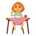 Little redhead girl sits at table and has breakfast